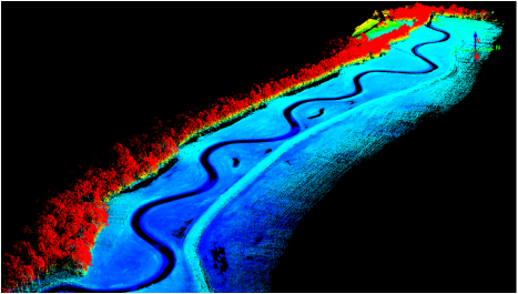 LiDAR point cloud showing a river corridor and surrounding terrain