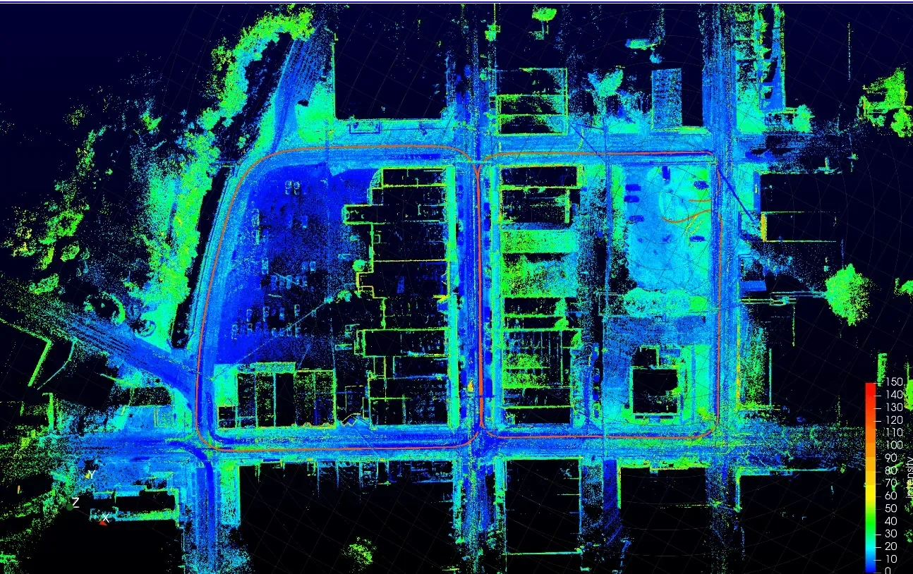 Mobile LiDAR point cloud of a road and surrounding buildings