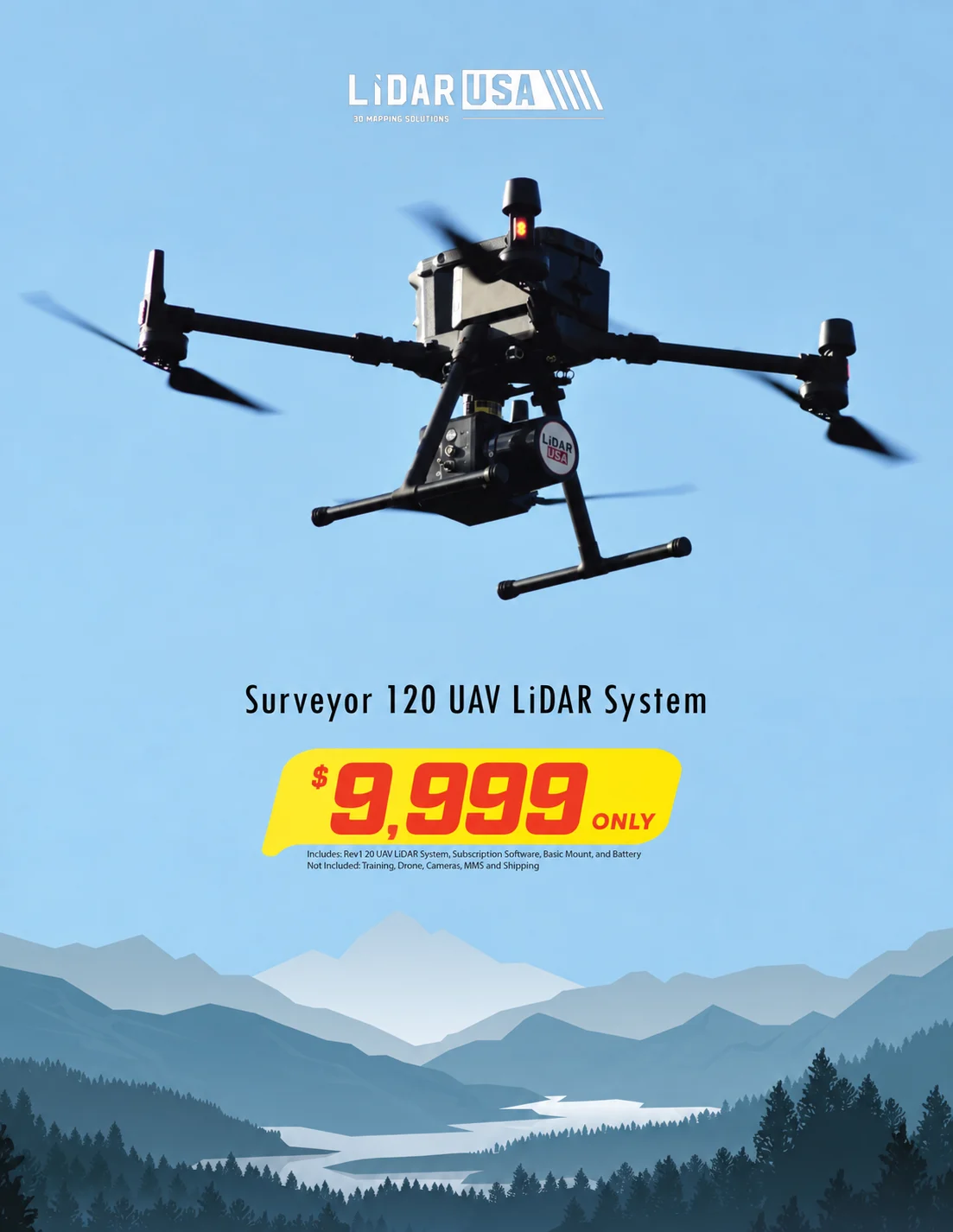 LiDARUSA Surveyor 120 UAV LiDAR System promotional graphic with a drone and advertised $9,999 price