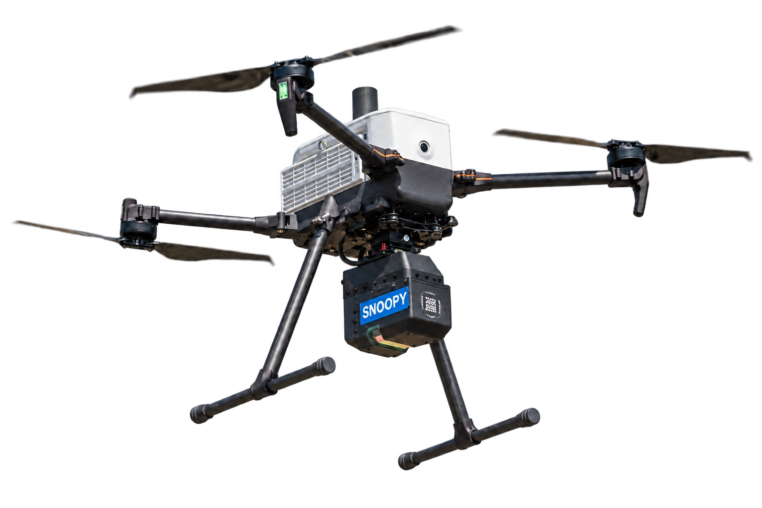 IF800 drone carrying a Snoopy ACE 3 LiDAR system with black screws, isolated on white
