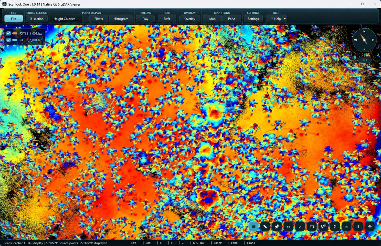 Scanlook One workspace showing two LAZ files and terrain colored by height