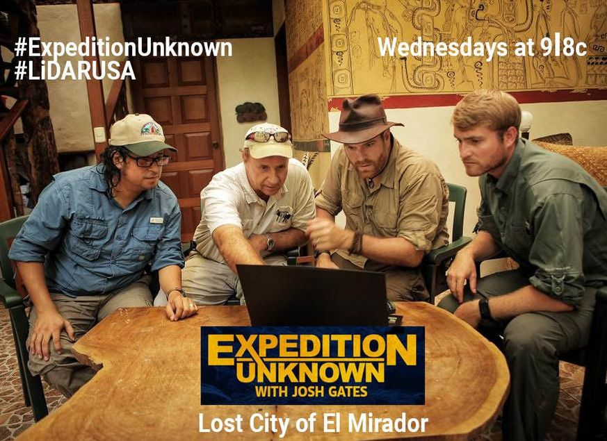 The Expedition Unknown team and LiDARUSA reviewing mapping data with Josh Gates for the lost city of El Mirador